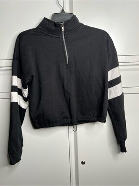 ☀️Hippie Rose Black Cropped Half-Zip Sweater with White Sleeve Stripes